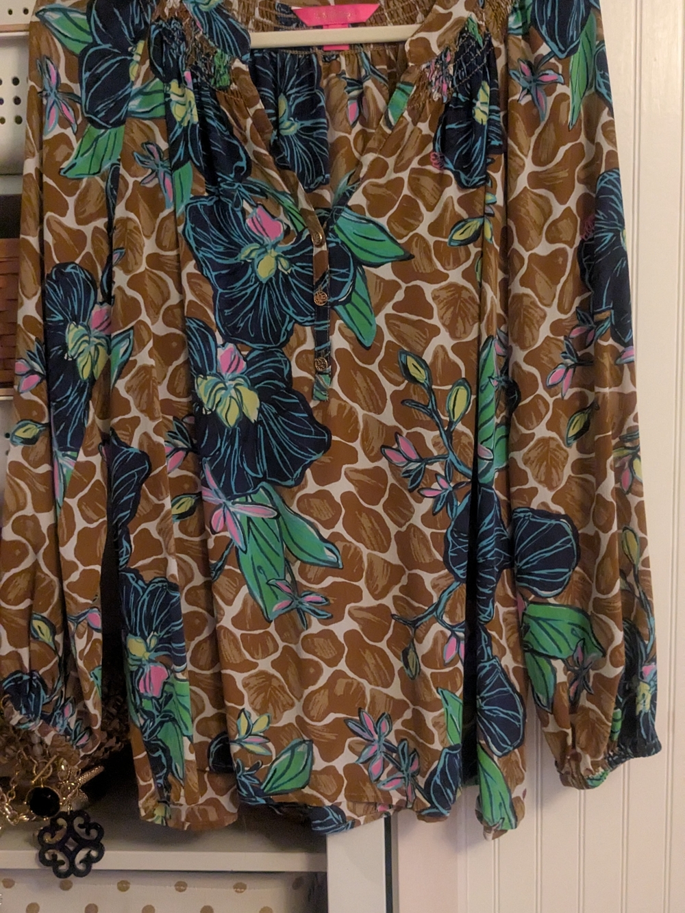Lilly Pulitzer Brown Giraffe-Print Floral Peasant Blouse Elsa Silk XL